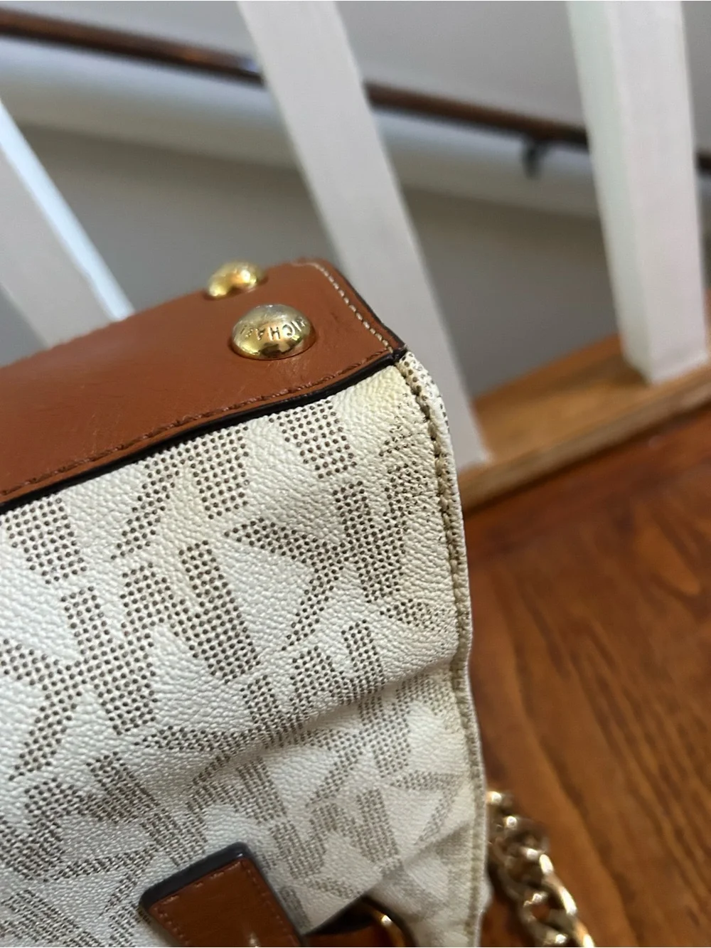 Michael Kors Cream and Tan Logo Satchel with Gold Hardware